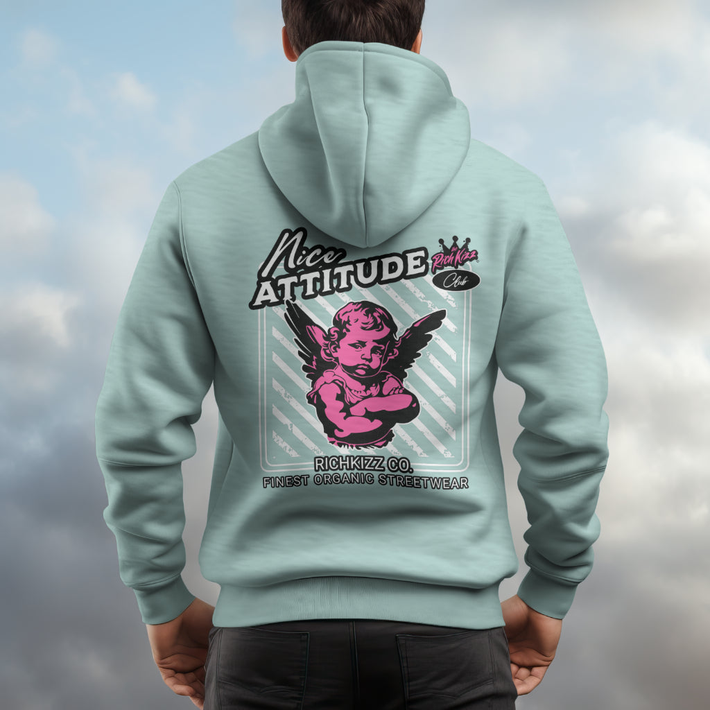 unisex hoodie richkizz attitude finest streetwear für männer und frauen, qualität aus deutschland gefertigt aus bio baumwolle, urban fashion sweatshirt mit back print engel mint rosa