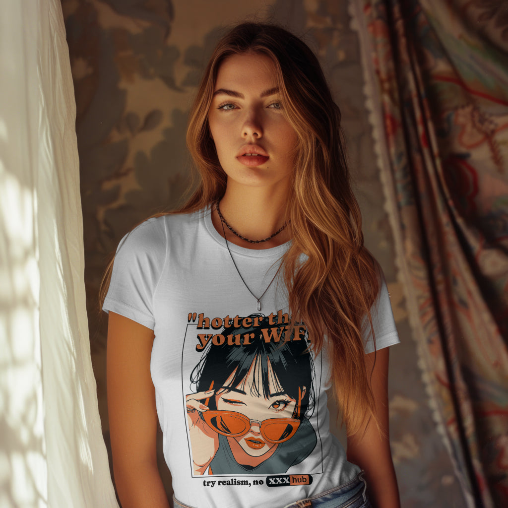 Iconic Damen T-Shirt enganliegend mit Print better than WiFi besser als Pornhub Damen Streetwear Shirt